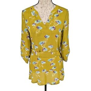 Le Lis Top Blouse Med Mustard Aqua Blue Floral USA Office Casual Modern
